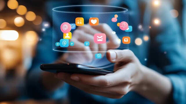 A person interacts with their smartphone, immersed in a vibrant digital world of social media icons. They navigate through various applications, showcasing connectivity and engagement.