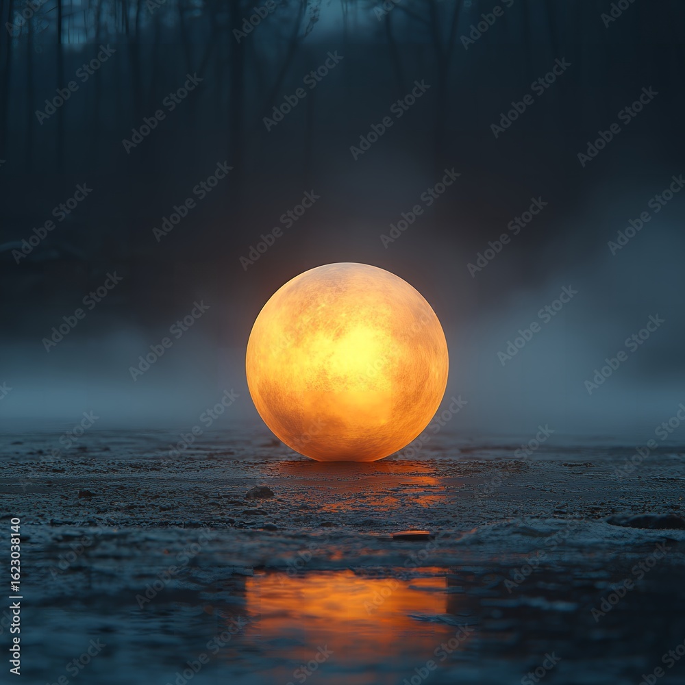 Wall mural glowing orb on a dark surface with reflection and fog creating an ethereal atmosphere in the night
