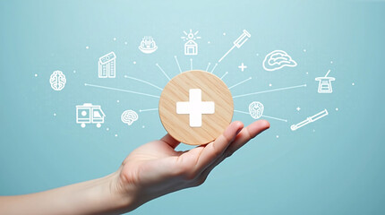 A hand holds a wooden circle with a white cross, surrounded by healthcare related icons (ambulance, brain, syringe, etc.) on a light blue background.