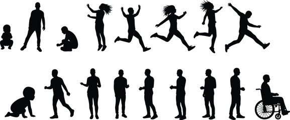 Human, life, cycle, silhouette, baby, child, teenager, adult, elderly, wheelchair, vector, illustration, CAD, drawing, flat, design, aging, growth, movement, development