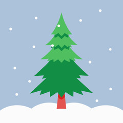 Obraz premium A simple cartoon illustration of a green christmas tree with a red trunk standing in the snow with falling snowflakes against a light blue sky