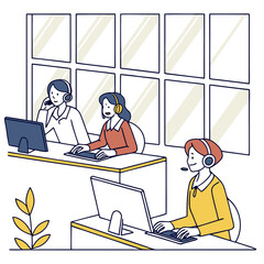 Customer service representatives working at desks in a call center office