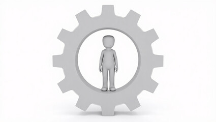 A 3D gray figure stands inside a gray gear.