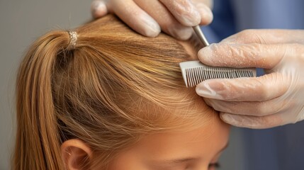 Head Lice. a dermatologist or nurse using a fine-toothed lice comb on a school-age child’s blonde hair in a clean clinical setting, showing careful inspection