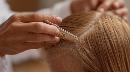 Head Lice. a dermatologist or nurse using a fine-toothed lice comb on a school-age child’s blonde hair in a clean clinical setting, showing careful inspection