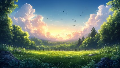 A vibrant landscape featuring a lush green field, trees, clouds, and birds flying in the sky at sunset