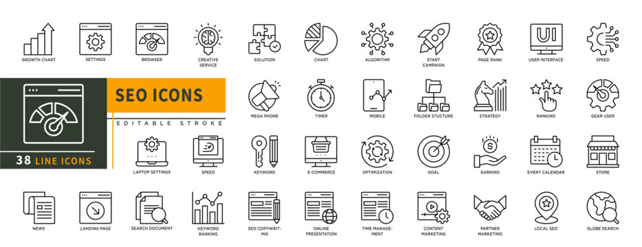 Minimalist SEO line icons set with editable stroke, featuring growth chart, settings, browser, creative service, chart, algorithm, start campaign, page rank, user interface. thin linear illustration.