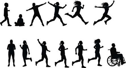 Human, silhouette, movement, walking, running, jumping, sitting, wheelchair, activity, vector, illustration, flat, design, CAD, drawing, inclusive, lifestyle, dynamic, accessibility, diversity
