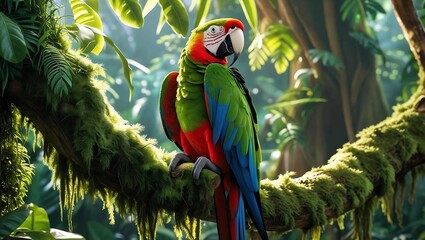 Parrot sitting on a tree branch with tropical forest background