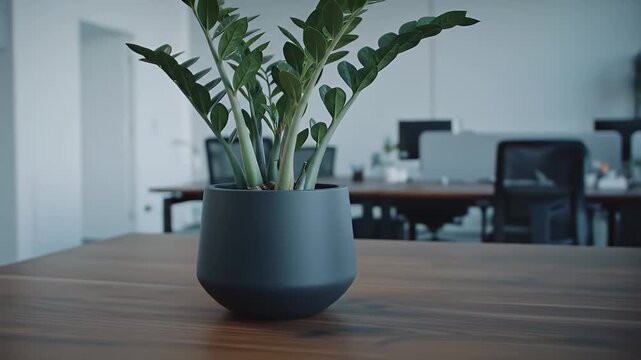 ZZ Plant in Black Pot on Wooden Desk with Blurred Office Background in Neutral Grey Color Palette