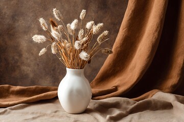 Elegant white vase with dried floral arrangement against a warm brown backdrop, perfect for home decor or lifestyle projects
