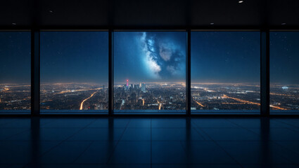 Fototapeta premium A panoramic view of a cityscape at night through floor to ceiling windows, with the Milky Way visible in the sky.