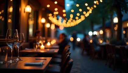 A bustling restaurant scene at night, with strings of fairy lights blurred into bokeh balls. The foreground features a partially visible table setting with wine glasses and flickering candles, creatin