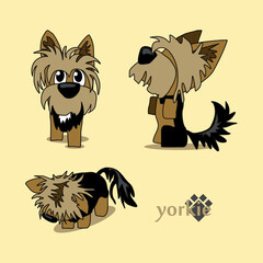 A cheerful cartoon image of a small dog of the Yorkshire terrier breed. Stylized puppy logo. Cute animal emotions.