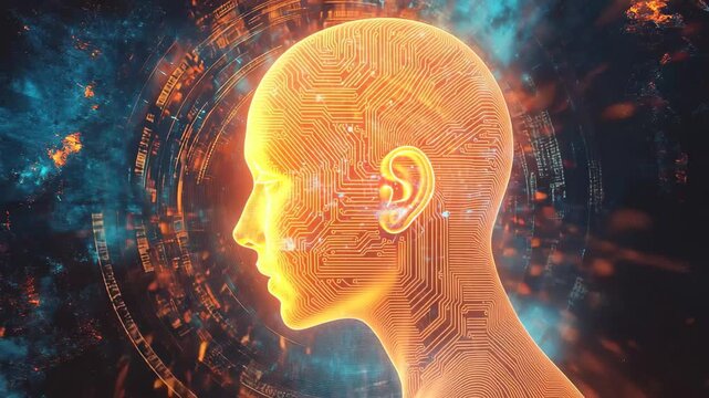 In a mesmerizing journey through a futuristic realm, a glowing head symbolizing intellect and innovation emerges amidst vibrant circuits and cosmic elements, unveiling the essence of AIs potential.