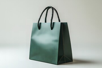 A glossy green shopping bag with black rope handles isolated on a white background in studio shot
