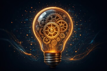 Innovative lightbulb with gears inside, surrounded by digital particles and energy waves representing creativity and technological innovation concept