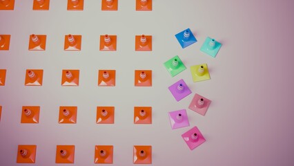 Grid of orange traffic cones and scattered colored cones on gradient background