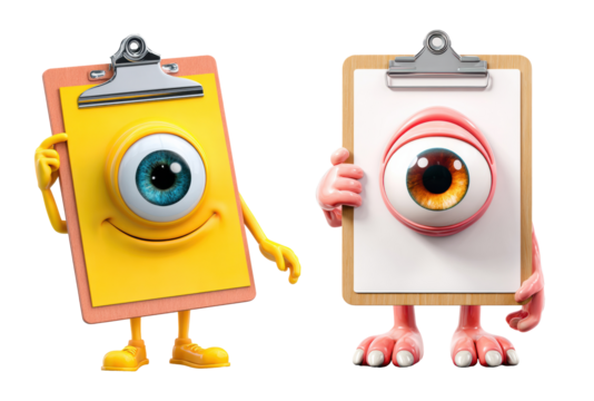 Fun cartoon characters holding clipboards in an office setting