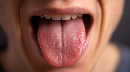 A close up shot of a person's mouth with their tongue sticking out showing teeth and inner mouth area
