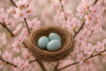 Bird nest with blue eggs on cherry blossom branch representing spring renewal, new life and nature's rebirth concept with delicate flowers

