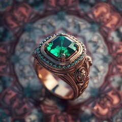 Emerald ring beauty: Capture the opulent elegance of a regal emerald ring, exquisitely set against a backdrop of ornate embellishment and regal detail.