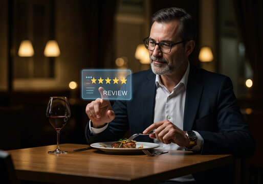 Man enjoying gourmet meal while leaving digital review with five-star rating, representing online customer feedback. - Powered by Adobe