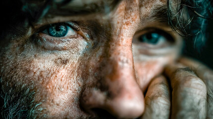 Tired worker with dirty face looking intensely showing his blue eyes