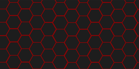 Abstract dark hexagon pattern on red neon background technology style. Modern futuristic geometric shape web banner design. You can use for cover template, poster, flyer, print ad. Vector illustration