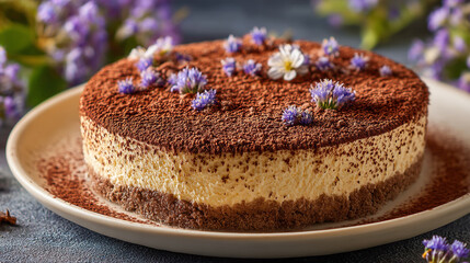A beautifully decorated tiramisu cake topped with cocoa powder and delicate purple and white flowers