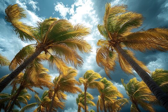 A low angle shot of a palm tree grove against a dramatic cloudy sky on a windy tropical day outdoors