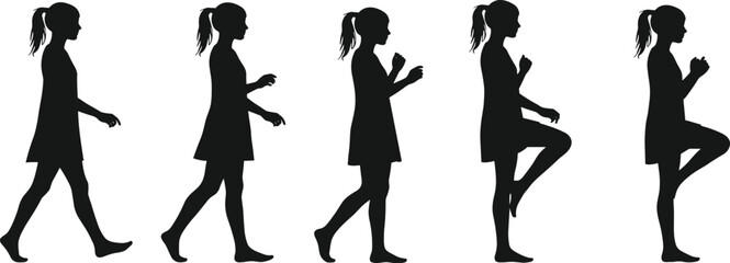Silhouette, walking, exercising, fitness, health, movement, vector, illustration, posture, balance, coordination, training, workout, stretching, dynamic, motion, active, lifestyle, human, figure