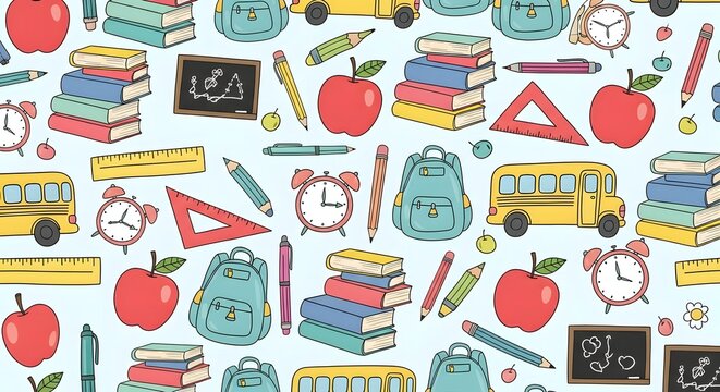 Seamless pattern featuring school supplies like books, backpacks, apples, pencils, rulers, clocks, and school buses on a light blue background. - Powered by Adobe
