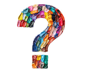 Colorful question mark made from various art materials and crayons