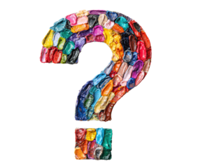 Colorful question mark made from various art materials and crayons