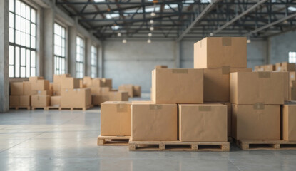 Wide view of a modern warehouse interior with high ceilings, metal beams, and neat stacks of cardboard boxes on pallets. Natural light highlights cleanliness and logistics efficiency