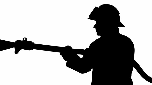Silhouette of a firefighter holding a fire hose with nozzle, wearing helmet and protective gear in action mode