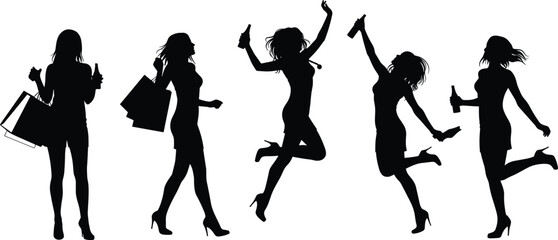 silhouette, women, shopping, celebration, bags, drinks, vector, illustration, fashion, lifestyle, party, happiness, marketing, fun, design