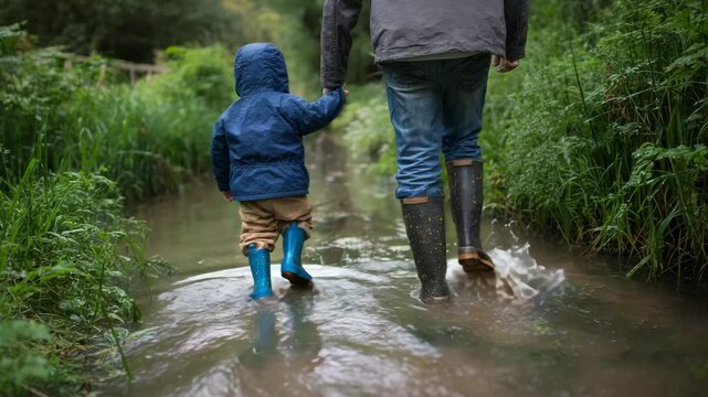Child and Parent Walking Through Flooded Trail