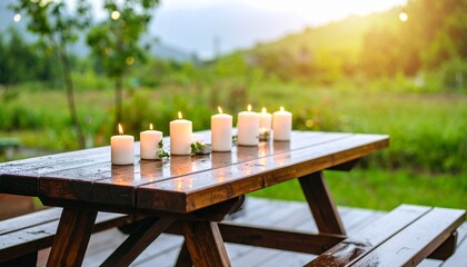Rainy Outdoor Picnic Table with Glowing Candles. 