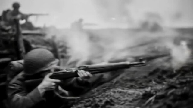 Determined soldiers in a historical battle aim their rifles from a trench as explosions light up the distant battlefield.
