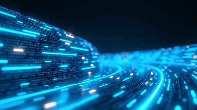 Futuristic Digital Data Tunnel &ndash; Abstract Tech Background with Binary Code and Glowing Lines