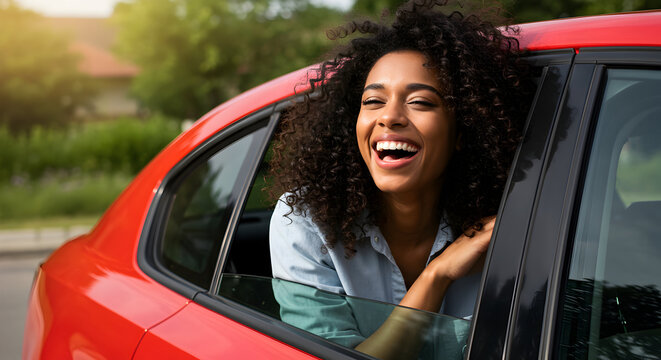 Happy young woman leans out of a red car window, laughing joyfully on a sunny day, enjoying a carefree road trip adventure. - Powered by Adobe
