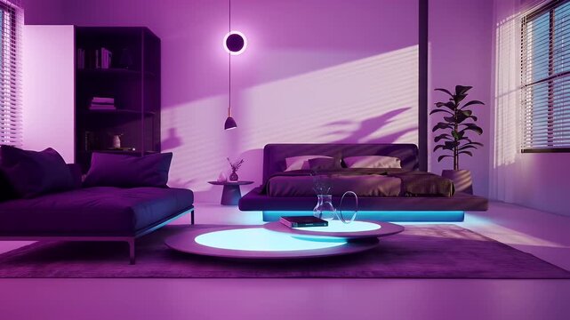 Sleek Purple Bedroom Interior with Blue Underlit Accents Modern Design