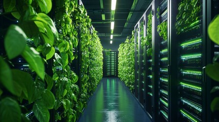Lush green plants thrive alongside rows of modern servers in a data center.