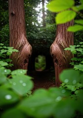 Mystical Woodland Pathway Framed by Ancient Trees and Lush Foliage