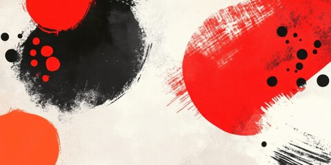 Abstract red and black brush paint circles and ink splash elements on white background with bold modern artistic texture