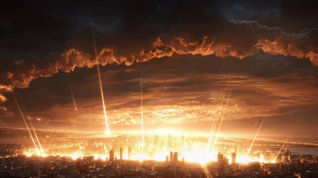 City Skyline Engulfed by Meteor Impacts