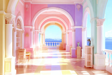 Fototapeta premium Sunlit Pastel-Colored Archway Hallway with Ocean View and Vibrant Shadows