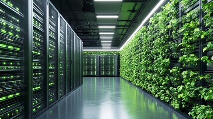 Green server room with plants, technology and nature.